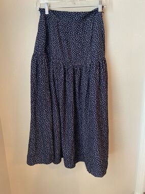 Koch Navy Blue Polka Dot Midi Skirt Tiered Ruffle Hem Made in USA M